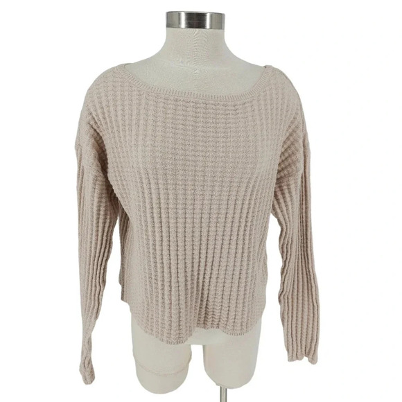 Jeannie Mai x INC Shirt Oatmeal Long Sleeve Cropped Waffle Knit Top - Picture 1 of 8